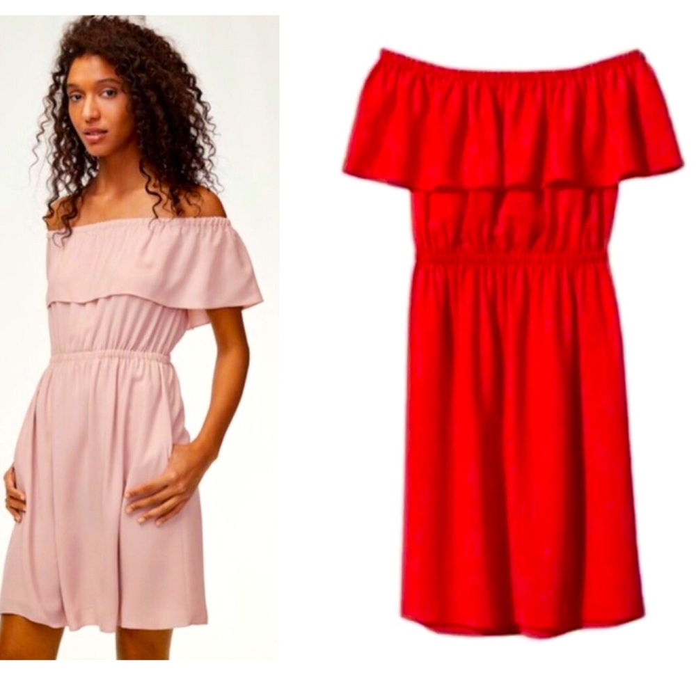 Aritzia Wilfred Elegant Off-Shoulder Pink and Red Dress